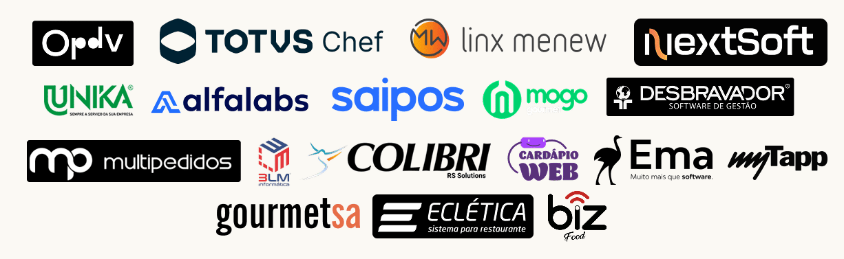 PDVs integrados: Opdv, TOTVS Chef, Linx Menew, NextSoft, Unika, AlfaLabs, Saipos, Mogo, Desbravador, Multipedidos, 3LM, Colibri, Cardápio Web, Ema, MyTapp, Gourmetsa, Eclética e Biz Food